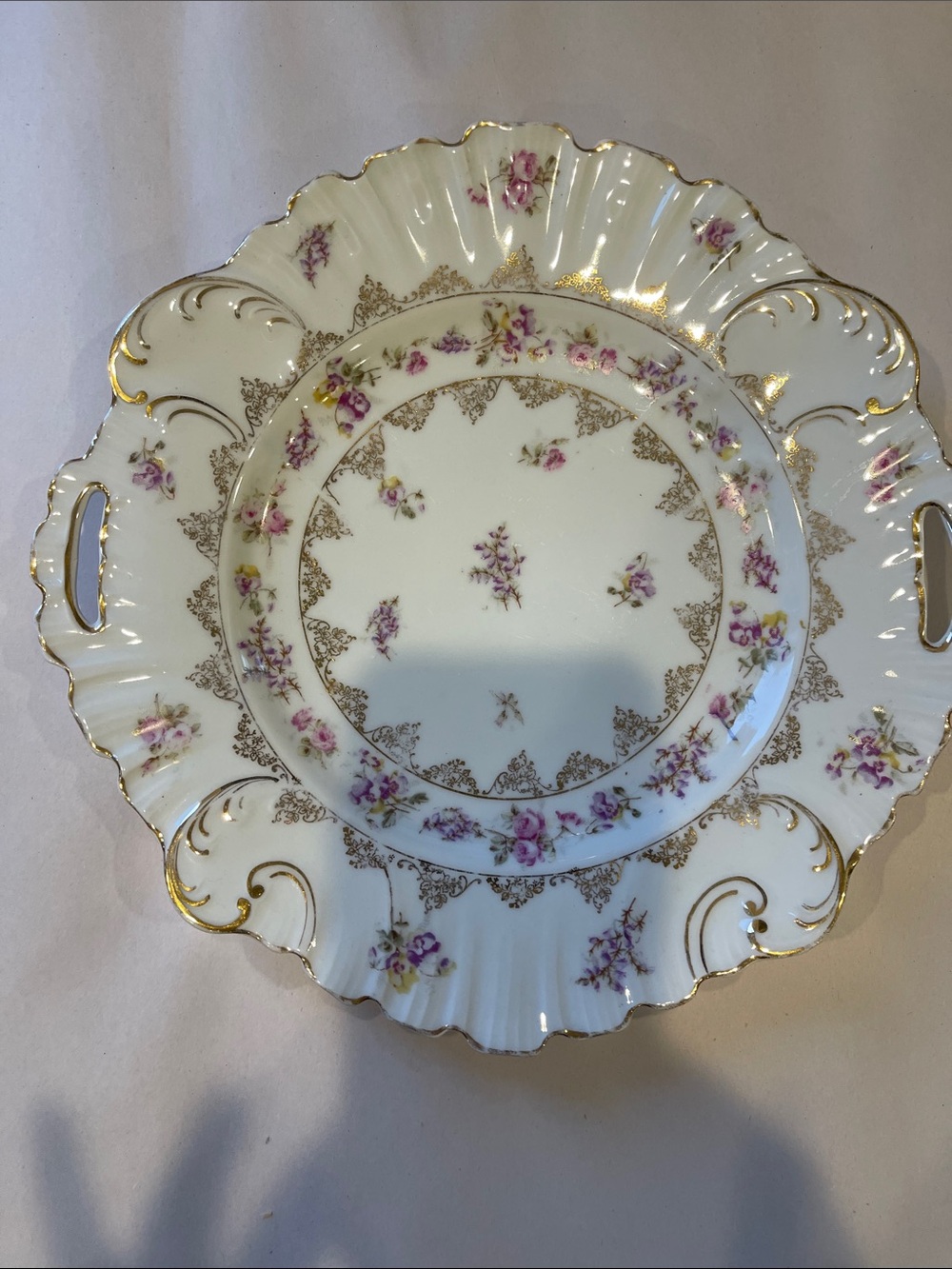 KPM Berlin White Porcelain Serving Plate with Pink Floral and Gold Trim